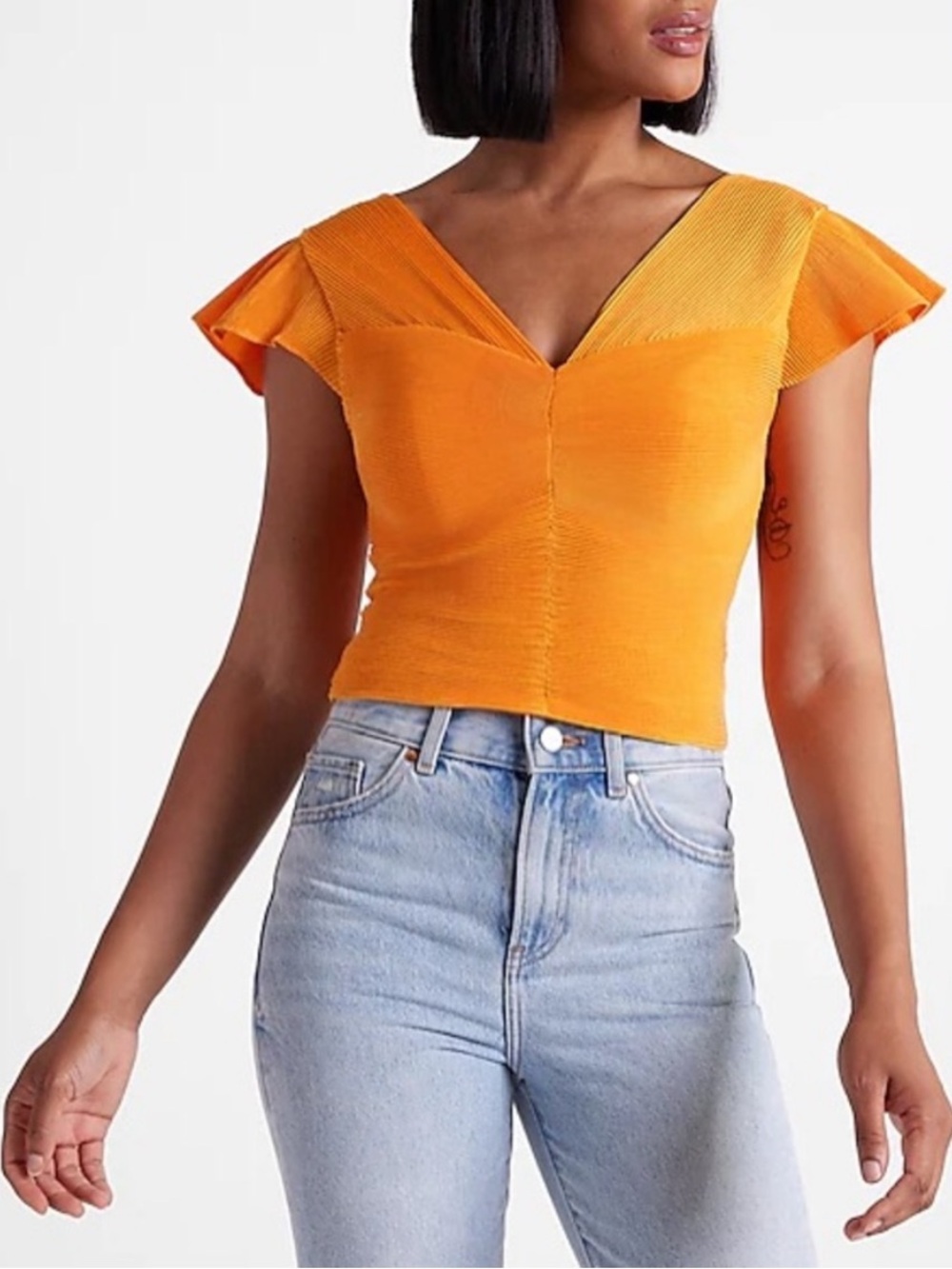 Express Orange V-Neck Pleated Flutter Sleeve Crop Top